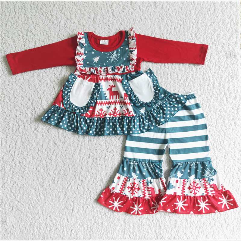 merry Christmas tree girls outfits shirt & pants fall winter sets