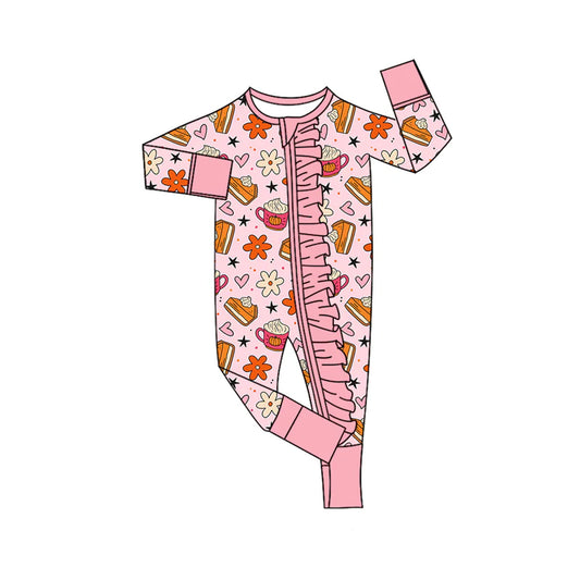 8.6Preorder(moq 5)Baby Infant Girls Long Sleeves Pink Flowers Pie Ruffle Zipper Fall Rompers