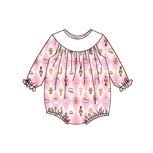 7.15Preorder (moq 5)Baby Girls Long Sleeves Pink Santa Soldiers Gingerbread Plaid Ruffle Romper