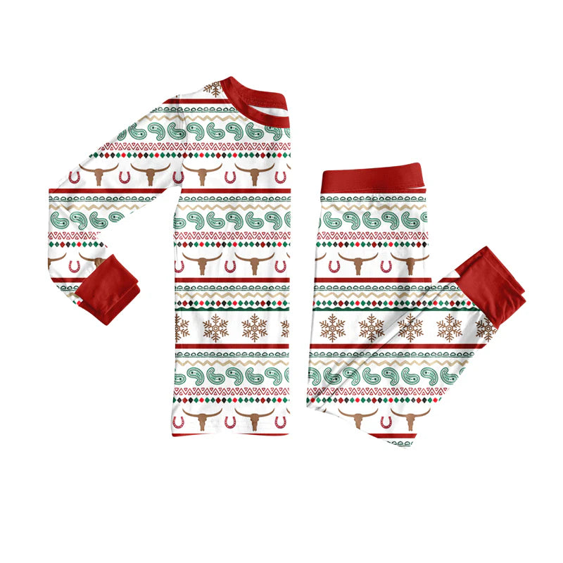 7.10Preorder (moq 5)Baby Girls Long Sleeves Bull Skull Aztec Stripe Top Pant Pajamas Clothes Set