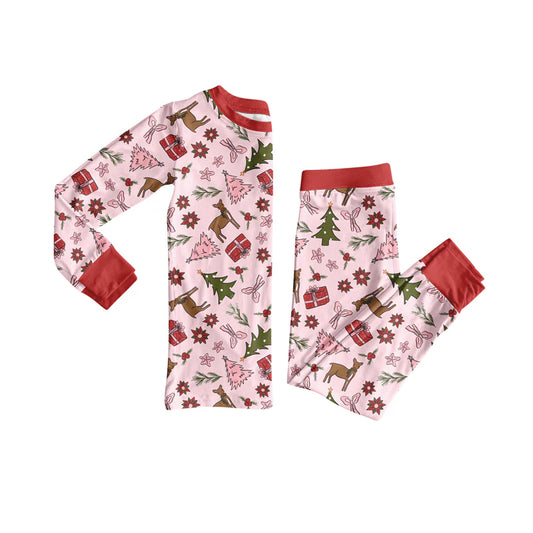 7.10Preorder (moq 5)Baby Girls Long Sleeves Pink Bows Trees Deer Top Pant Pajamas Clothes Set