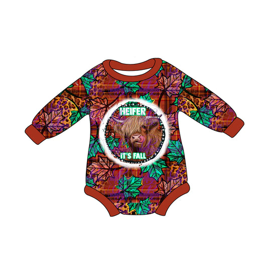 7.15Preorder (moq 5)Baby Girls Long Sleeves Red Leopard Highland Cows Romper