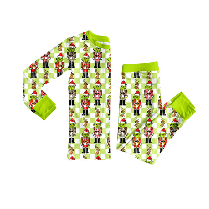 7.30Preorder(moq 5) Baby Girls Long Sleeves Green Face Soldiers Plaid Top Pants Pajamas Set