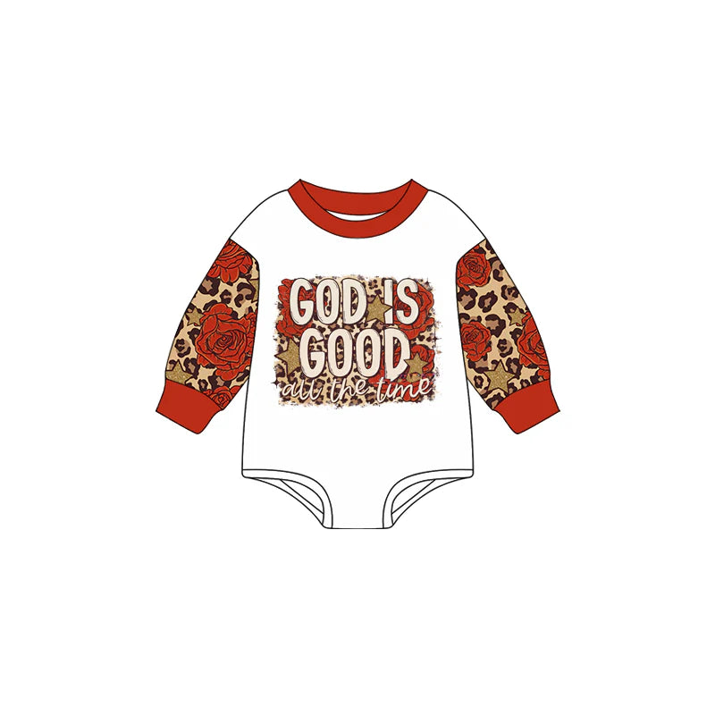 7.18Preorder moq 5 Baby Boys Long Sleeves Leopard Roses God Is Good Rompers