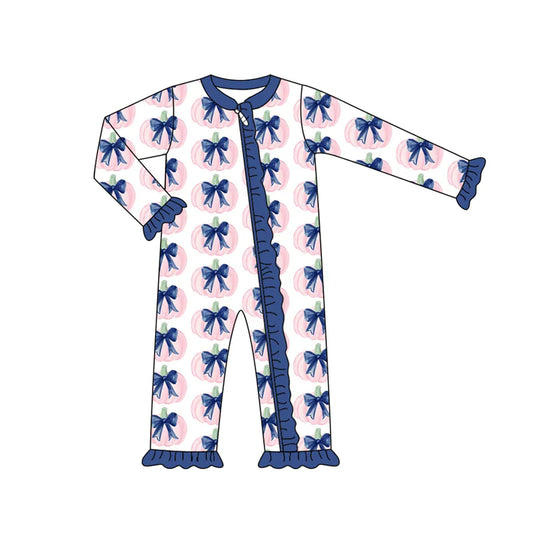 7.15Preorder (moq 5)Baby Girls Long Sleeves Blue Bows Pumpkins Plaid Ruffle Zipper Romper