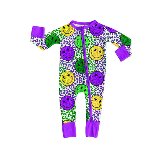 X909Preorder (moq 5)Baby Boys Mardi Gras Purple Yellow Green Leopard Zipper Footie Rompers