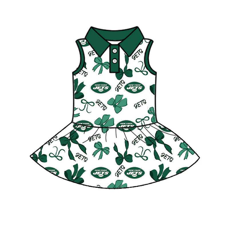 7.2Preorder (moq 5)Baby Girls Green Sleeveless Bows Plaid Jets Button Team Knee Length Dresses