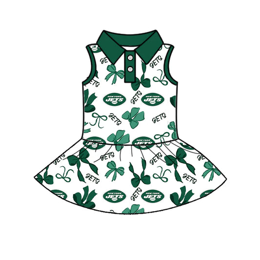7.2Preorder (moq 5)Baby Girls Green Sleeveless Bows Plaid Jets Button Team Knee Length Dresses