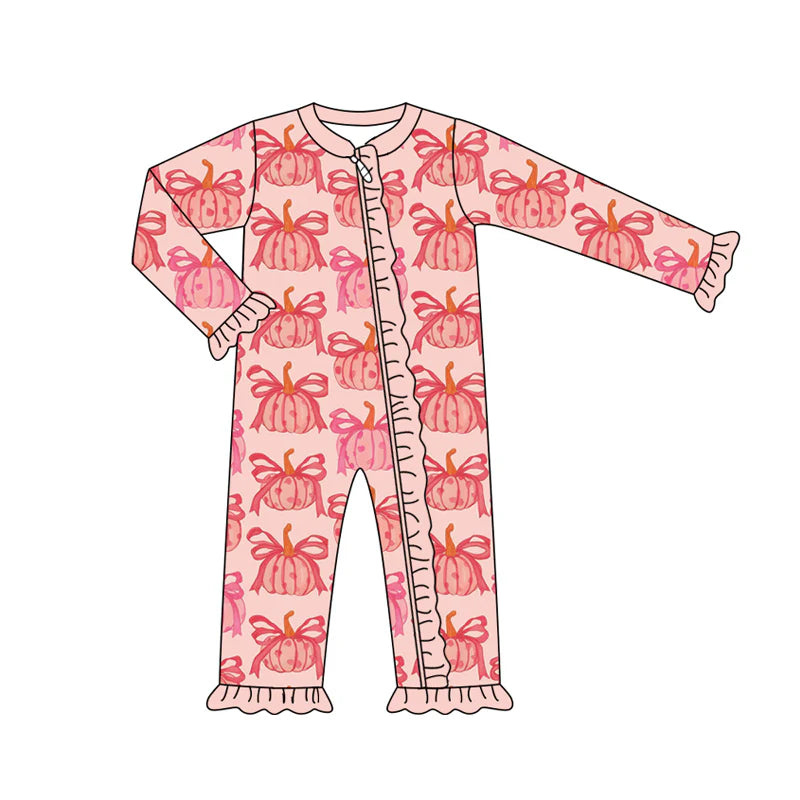 7.15Preorder (moq 5)Baby Girls Long Sleeves Peach Bows Pumpkins Plaid Ruffle Zipper Romper