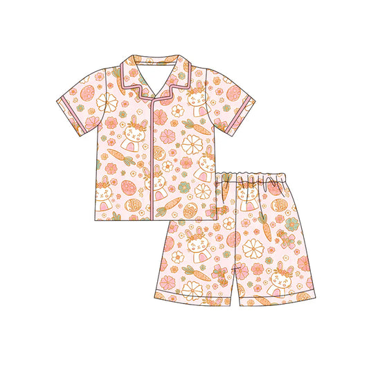 X12.17 Preorder (moq 5)Baby Girls Rabbits Carrots Flowers Button Top Shorts Easter Pajamas Sets
