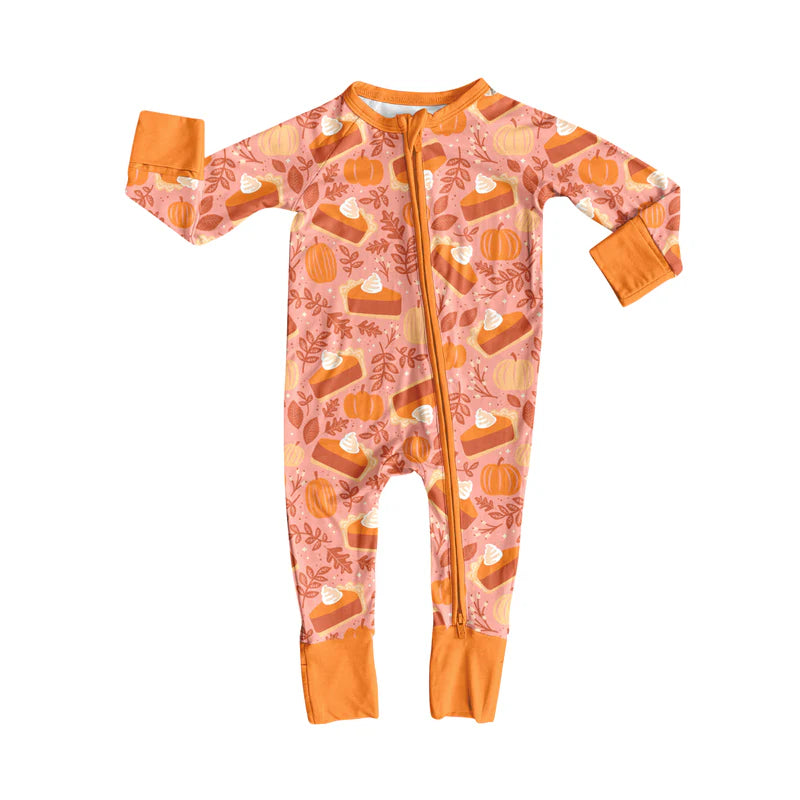 7.15Preorder (moq 5)Baby Girls Long Sleeves Peach Pie Pumpkins Plaid Zipper Romper