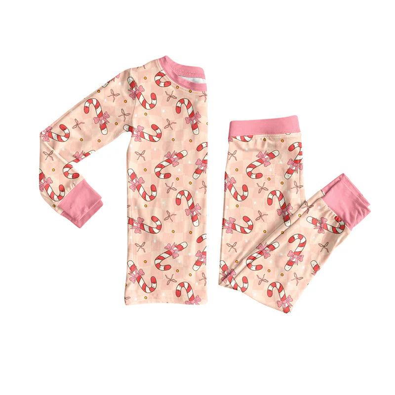 7.10Preorder (moq 5)Baby Girls Long Sleeves Pink Bows Candy Cane Top Pant Pajamas Clothes Set