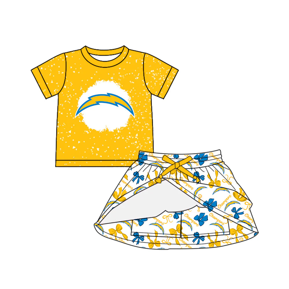 6.30Preorder (moq 5)Baby Girls Yellow Short Sleeves Chargers Top Bows Plaid Skorts Team Set