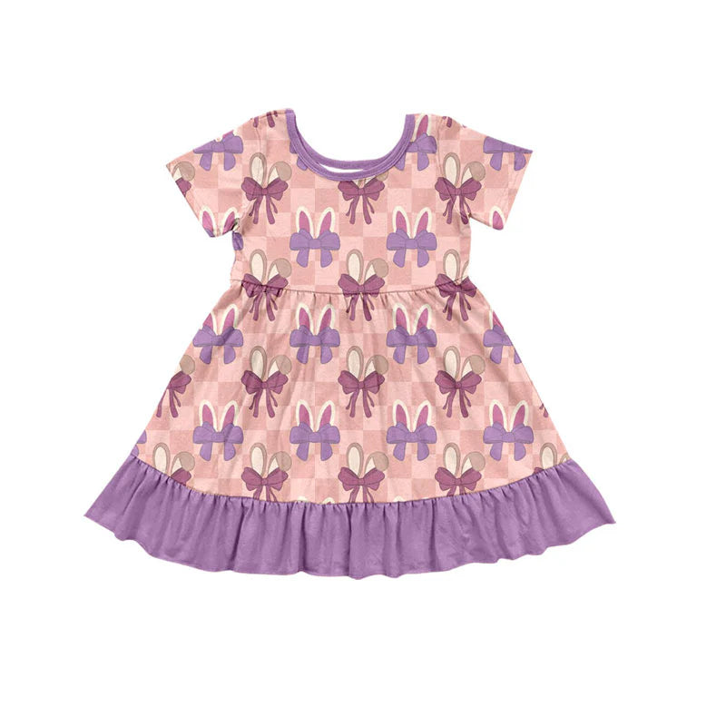 X919Preorder (moq 5)Baby Girls Pink Checked Rabbits Bows Easter Ruffle Knee Length Dresses