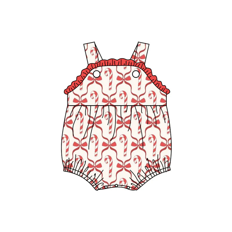 7.15Preorder (moq 5)Baby Girls Strap Red Bows Candy Cane Plaid Ruffle Romper