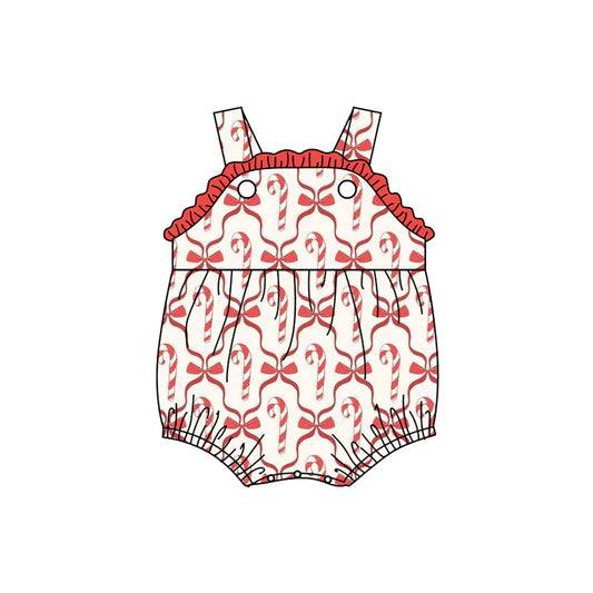 7.15Preorder (moq 5)Baby Girls Strap Red Bows Candy Cane Plaid Ruffle Romper