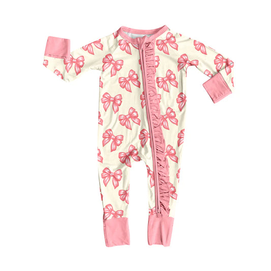 8.13Baby Girls Pink Bows Ruffle Zipper Footie Rompers