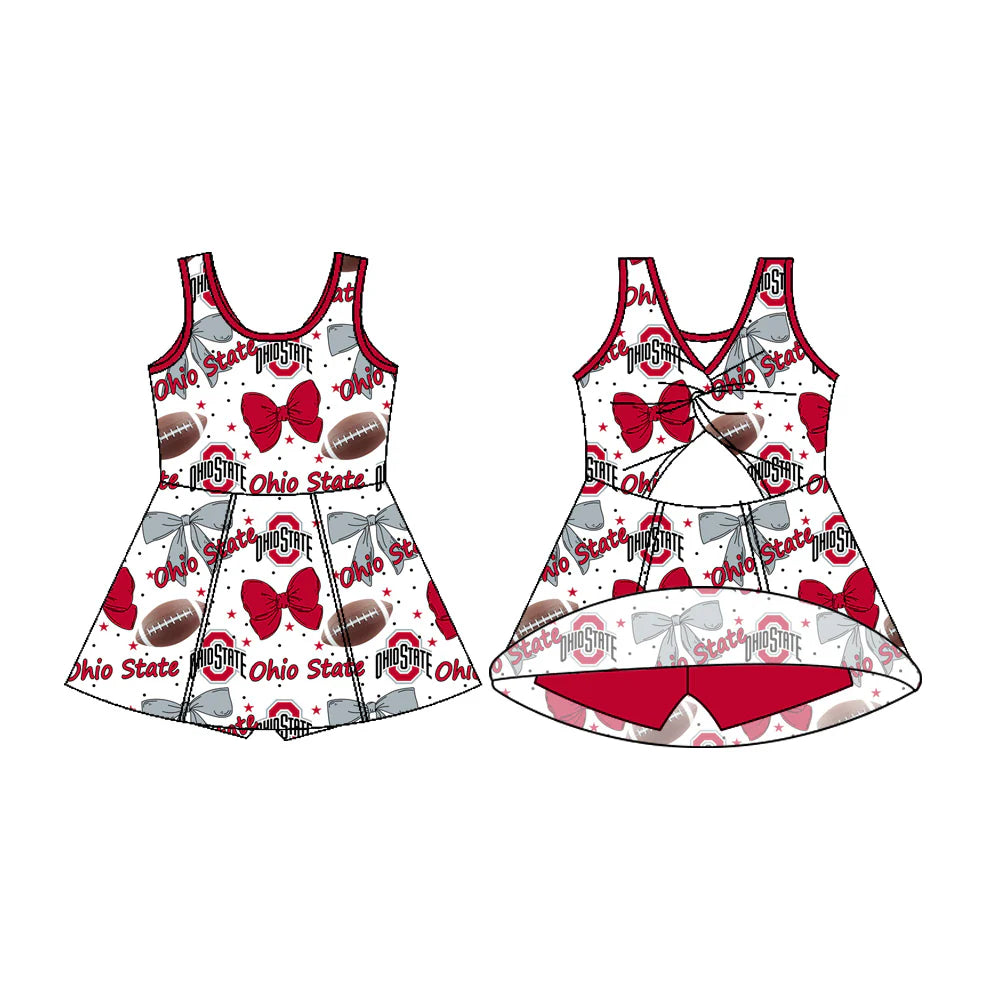 7.18Preorder (moq 5)Baby Girls Sleeveless Bows Footballs Ohiostate Shorts Team Knee Length Dress