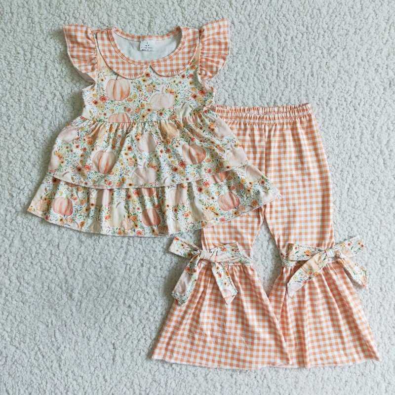 ruffles top & bell outfits pumpkin fall girls sets kids clothes