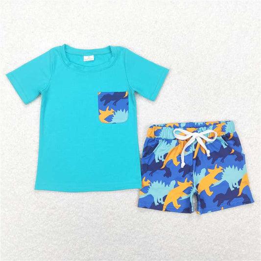 BSSO0444 Dinosaur Cyan Short Sleeve Blue Shorts Suit