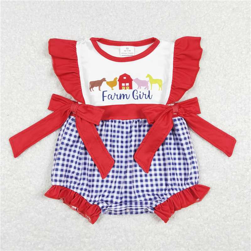 SR0696 farm girl farm animal red house blue plaid red lace bow vest jumpsuit