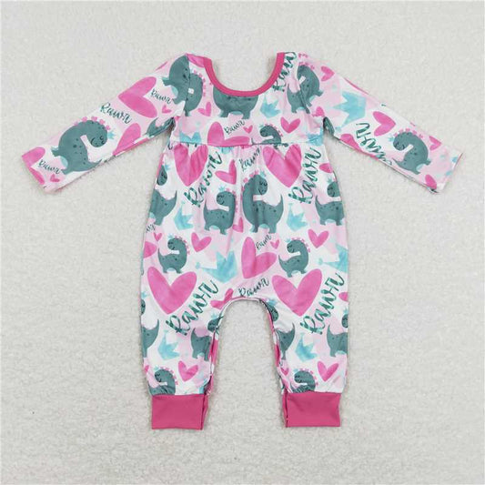 LR0877 Dinosaur Crown Heart Rose Red Long Sleeve Jumpsuit