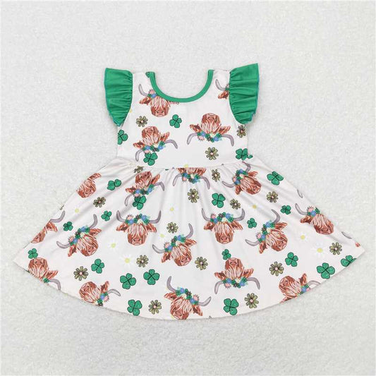 GSD0647 Alpine cow head flower four-leaf clover green flying sleeve dress