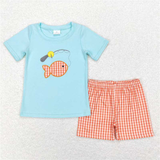 BSSO0288 Embroidered fishing blue short-sleeved orange plaid shorts suit