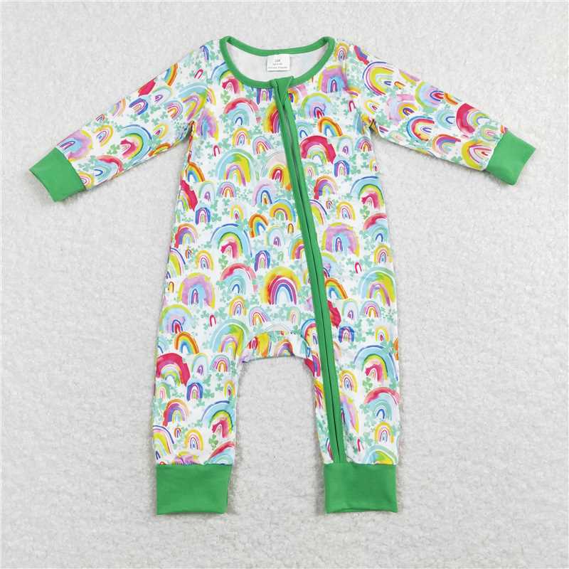 LR0883 Rainbow Clover Green Zip Long Sleeve Jumpsuit