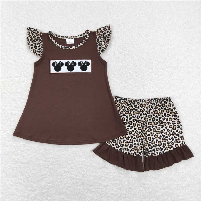 GSSO0424 Embroidered Mickey Bow Minnie Brown Fly Sleeve Leopard Print Shorts Suit