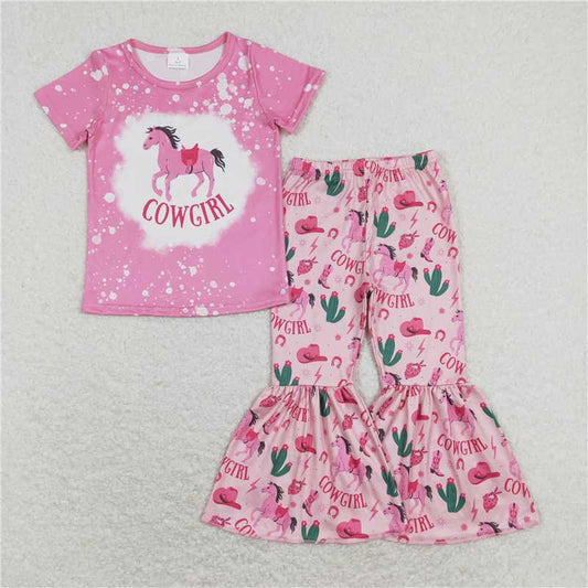 GSPO1238 cowgirl letter riding pink short-sleeved trousers suit