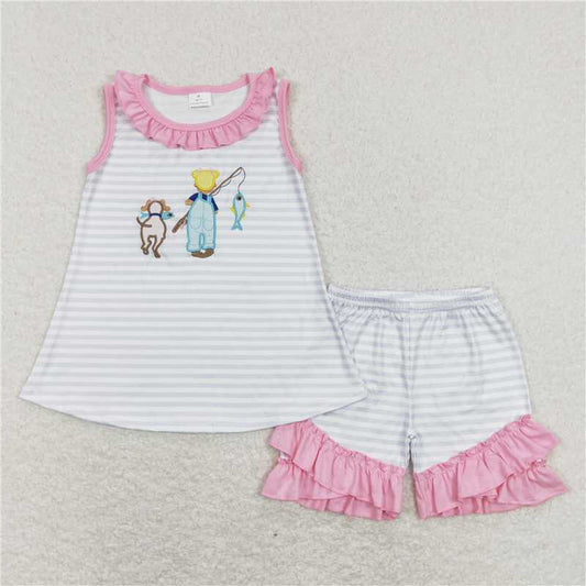 GSSO0412 Embroidery Fishing Girl Puppy Blue and White Striped Sleeveless Lace Shorts Set