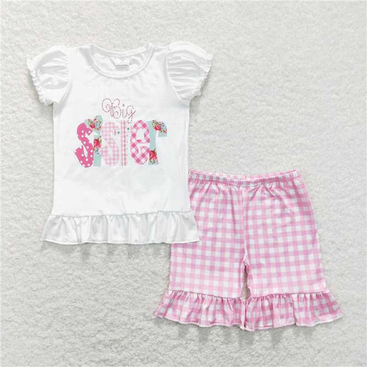 GSSO0395 big sister letter white lace short sleeve pink plaid shorts suit