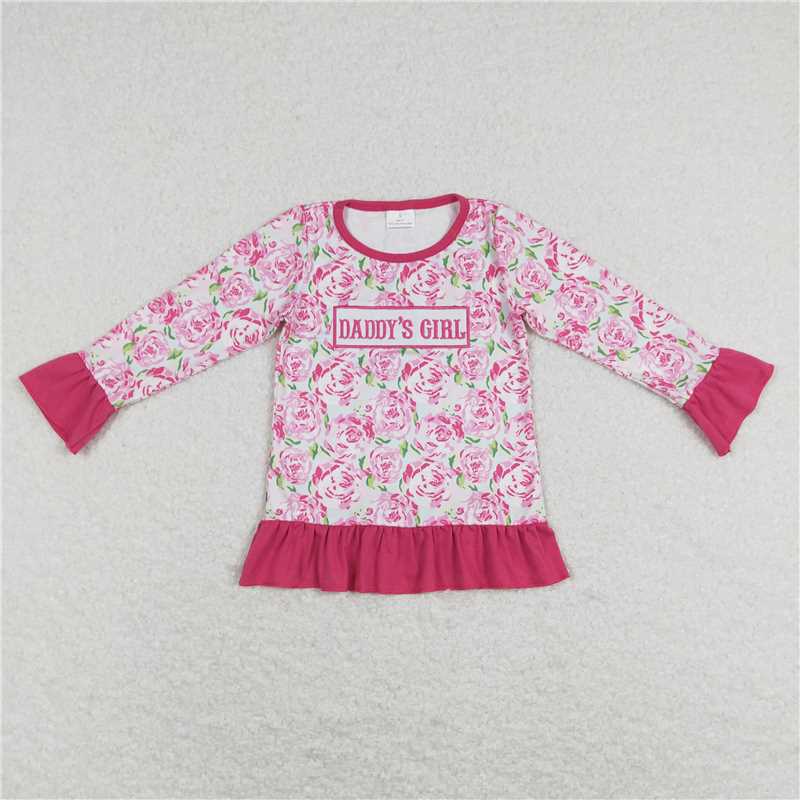 GT0402 daddy's girl embroidered letter flower rose red lace long-sleeved top