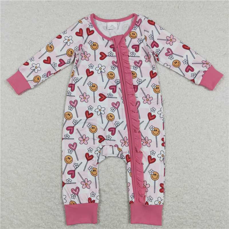 LR0884 Flowers, hearts, smiles, lollipops, pink and white plaid zipper long-sleeved jumpsuit