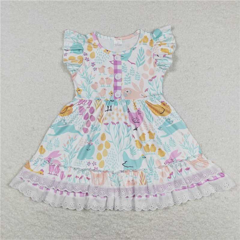 GSD0701 Rabbit chick floral plaid lace flying sleeve dress