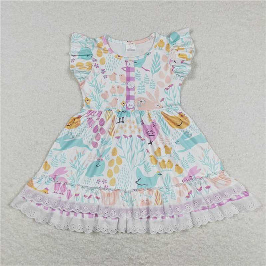 GSD0701 Rabbit chick floral plaid lace flying sleeve dress