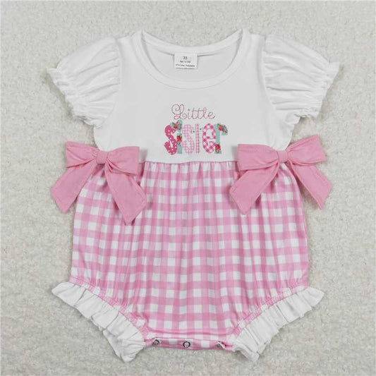 SR0588 little sister letter white lace pink plaid short-sleeved jumpsuit