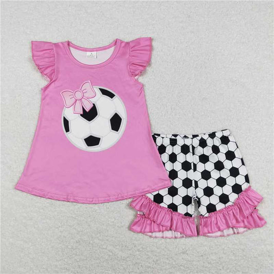 GSSO0496 Bow football pink and white flying sleeve shorts suit