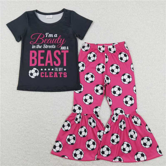 GSPO1262 beauty beast letter black short sleeve football rose red suit