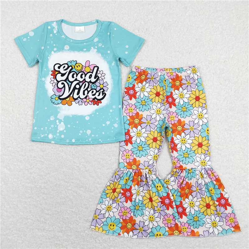 GSPO1239good vibes letter flower smiley blue short-sleeved trousers suit