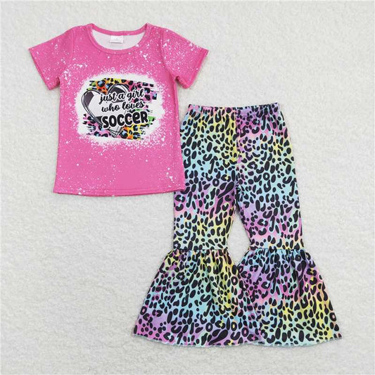 GSPO1273 Soccer letters love rose pink short-sleeved leopard print trousers suit