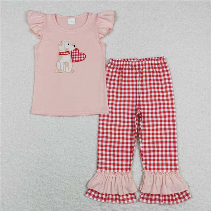 GSPO1161 Embroidered love puppy pink flying sleeve lace red and white plaid trousers