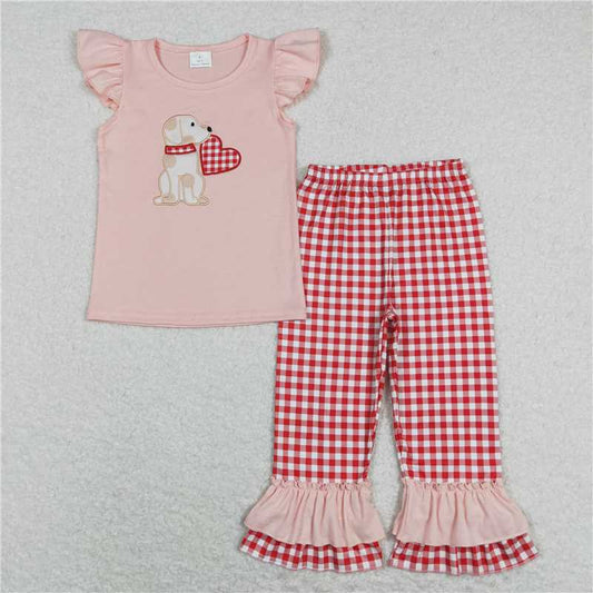 GSPO1161 Embroidered love puppy pink flying sleeve lace red and white plaid trousers