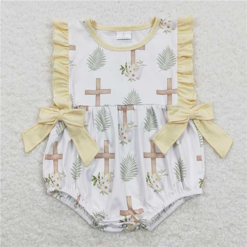 SR0619 Cross Flowers Leaves Yellow Lace Bow White Sleeveless Jumpsuit