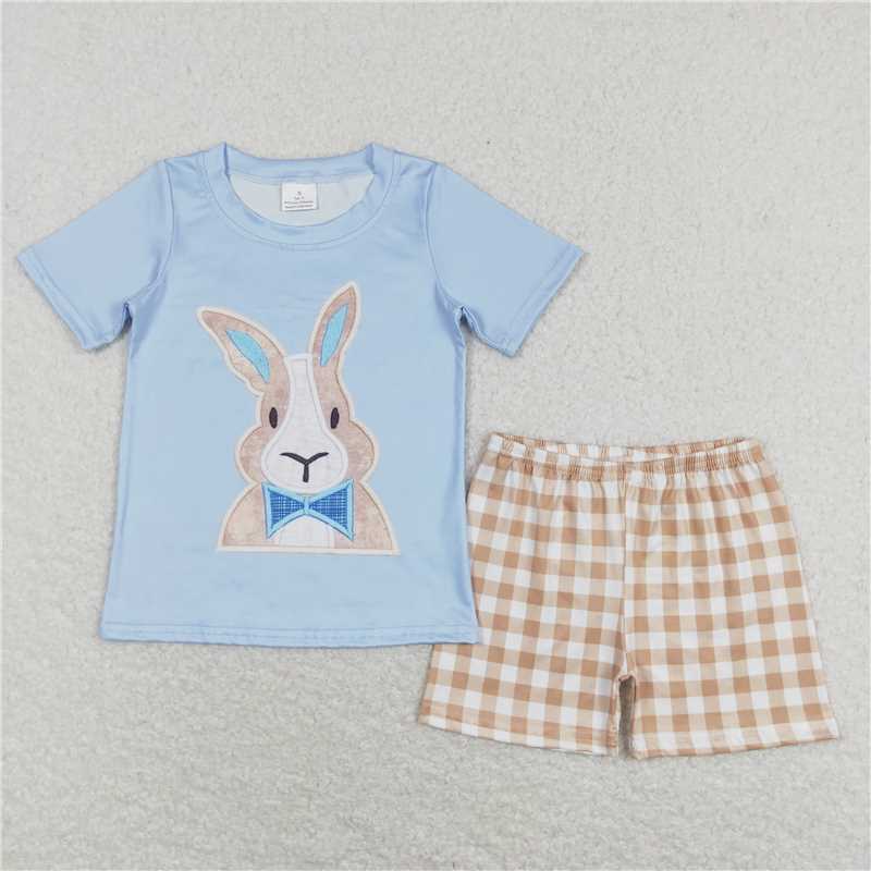 BSSO0292 Rabbit Blue Short Sleeve Chino Plaid Shorts Suit