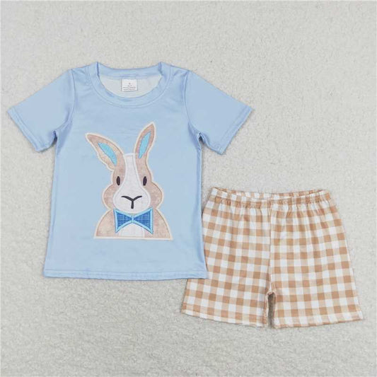 BSSO0292 Rabbit Blue Short Sleeve Chino Plaid Shorts Suit