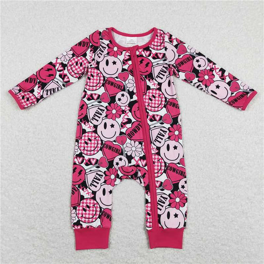 LR0896 xoxo cowgirl smiley face love cow pattern rose red zipper jumpsuit