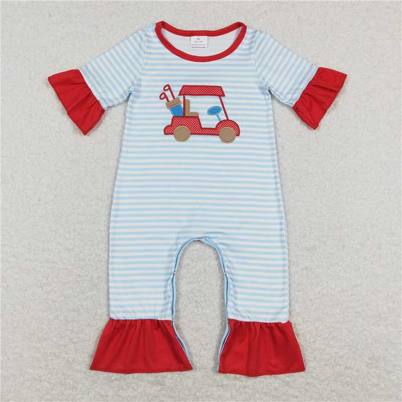 SR0699 Embroidered golf cart blue and white striped red jumpsuit