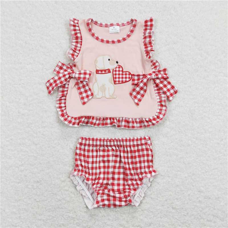 GBO0230 Embroidered love puppy lace bow pink top red and white plaid suit